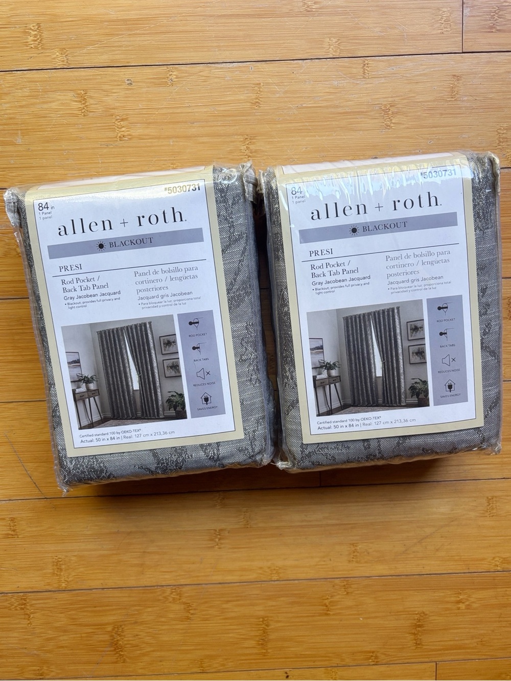 (2)NEW Allen + Roth Presi 84” Blackout Jacquard Curtain Panels Set of 2 Gray NWT